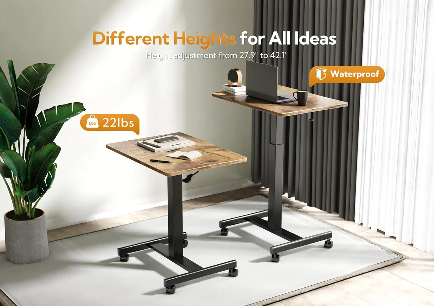 Claiks Mobile Standing Desk, Small Rolling Adjustable Desk with Wheels, Pneumatic Mobile Laptop Desks Workstation with Hook, Rustic Brown