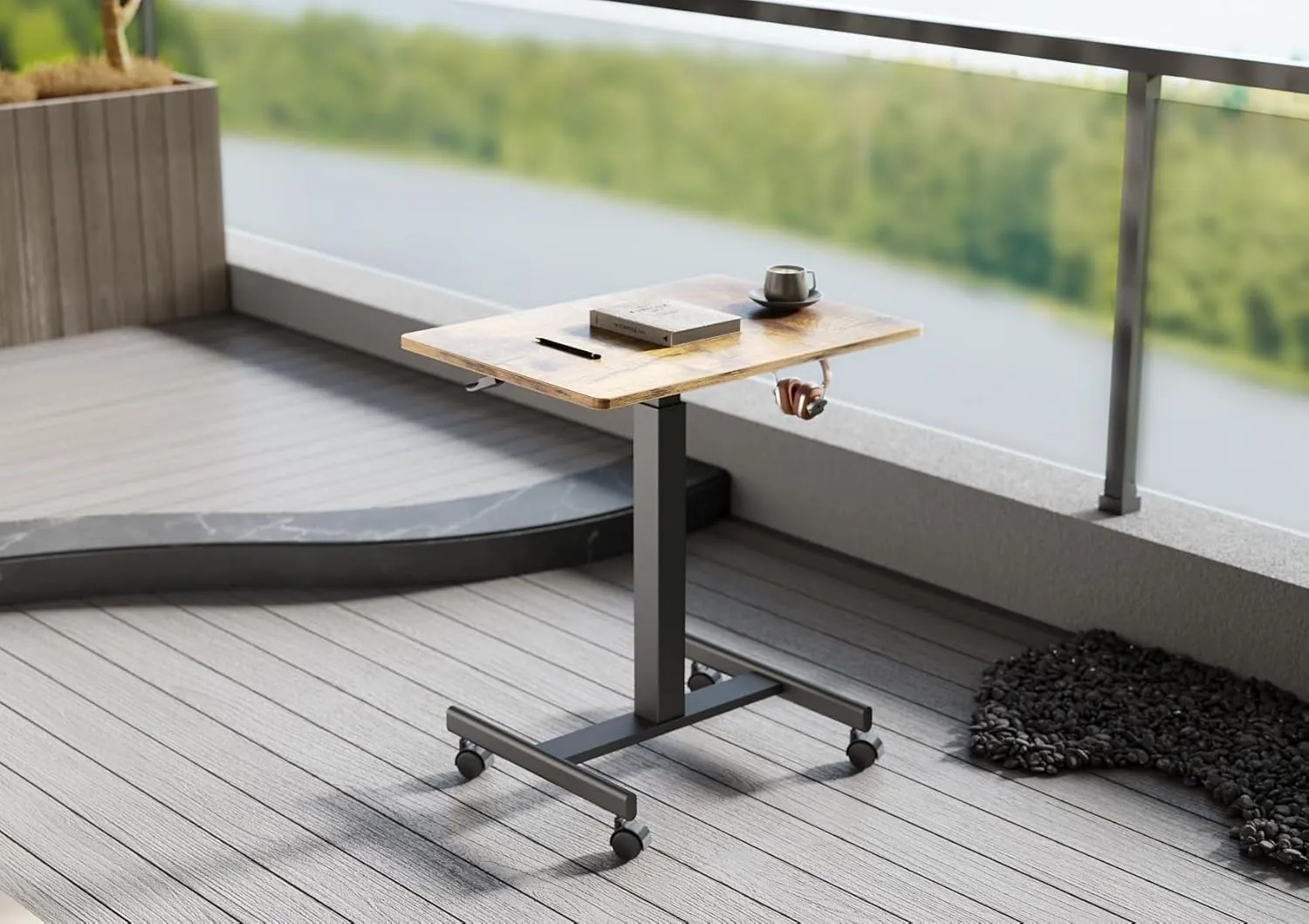 Claiks Mobile Standing Desk, Small Rolling Adjustable Desk with Wheels, Pneumatic Mobile Laptop Desks Workstation with Hook, Rustic Brown