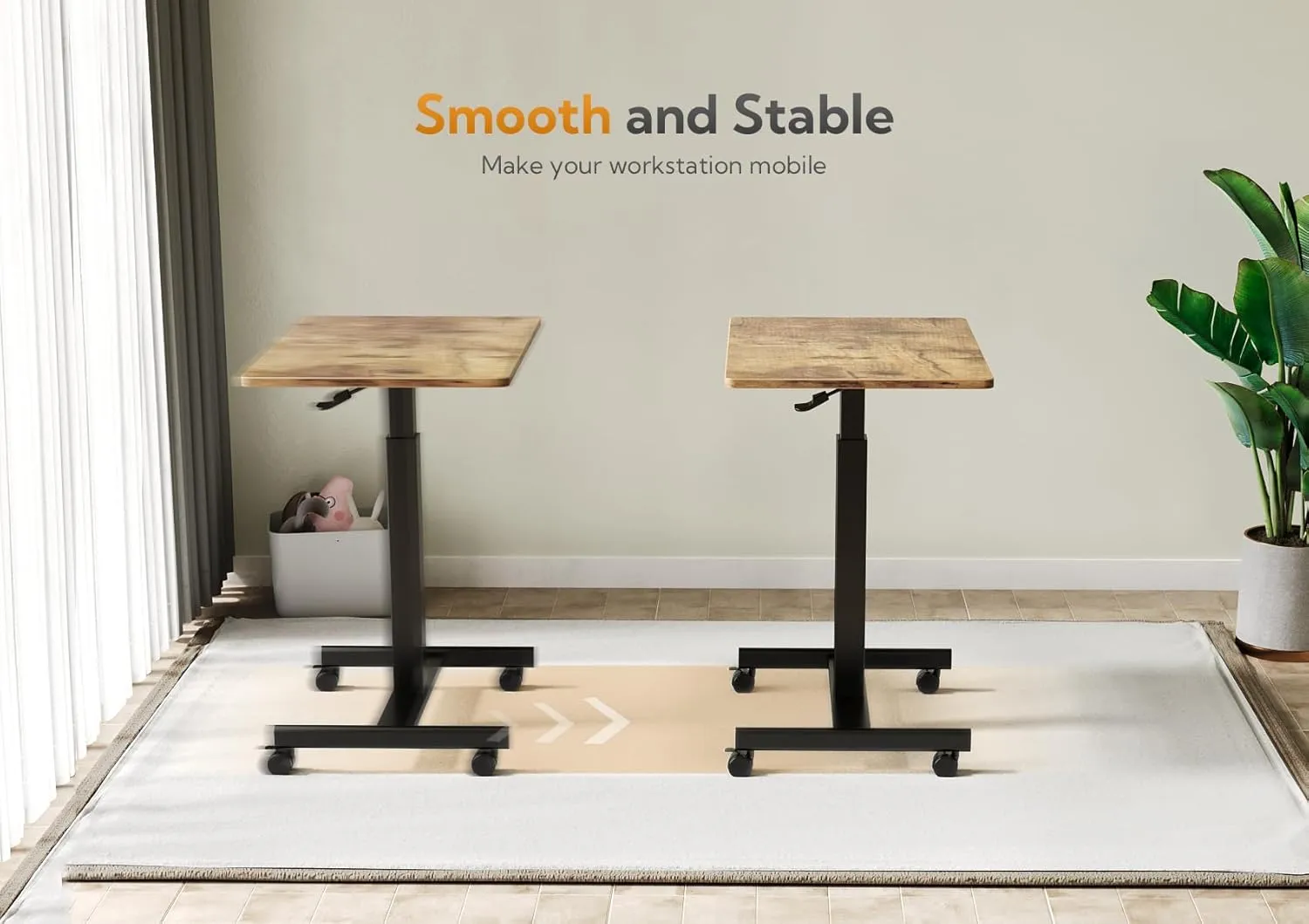 Claiks Mobile Standing Desk, Small Rolling Adjustable Desk with Wheels, Pneumatic Mobile Laptop Desks Workstation with Hook, Rustic Brown