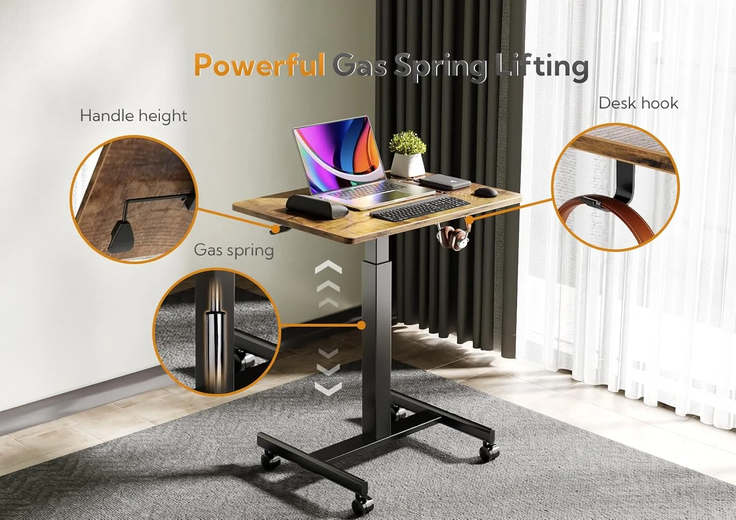 Claiks Mobile Standing Desk, Small Rolling Adjustable Desk with Wheels, Pneumatic Mobile Laptop Desks Workstation with Hook, Rustic Brown