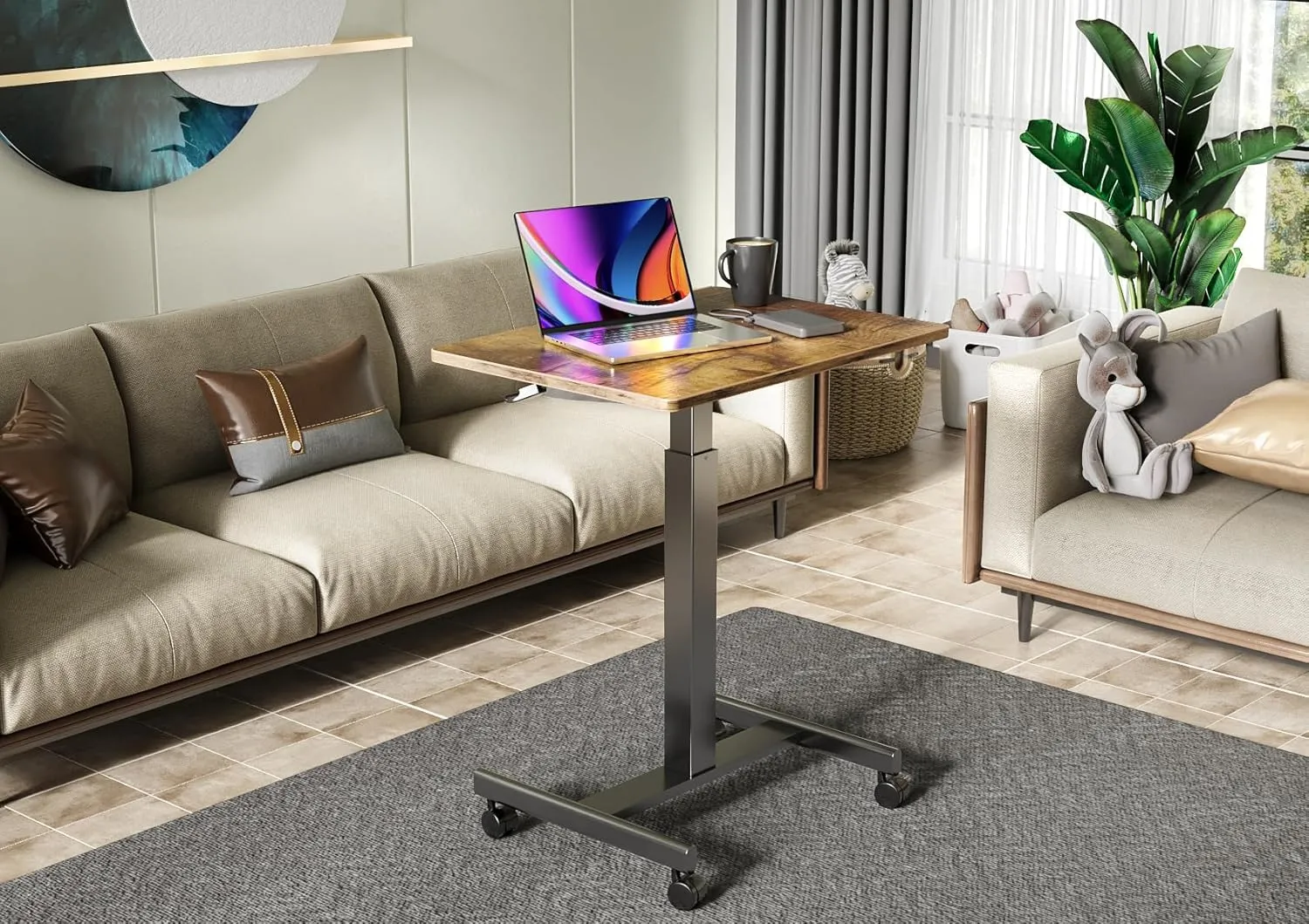 Claiks Mobile Standing Desk, Small Rolling Adjustable Desk with Wheels, Pneumatic Mobile Laptop Desks Workstation with Hook, Rustic Brown