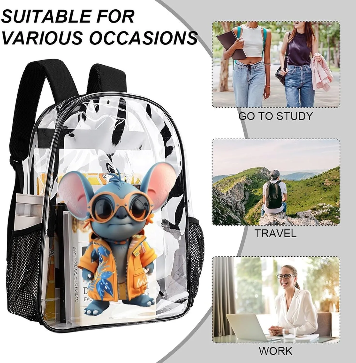 Clear Backpack Heavy Duty PVC Transparent Cartoon Backpack 17" Large Capacity See Through Bag for College