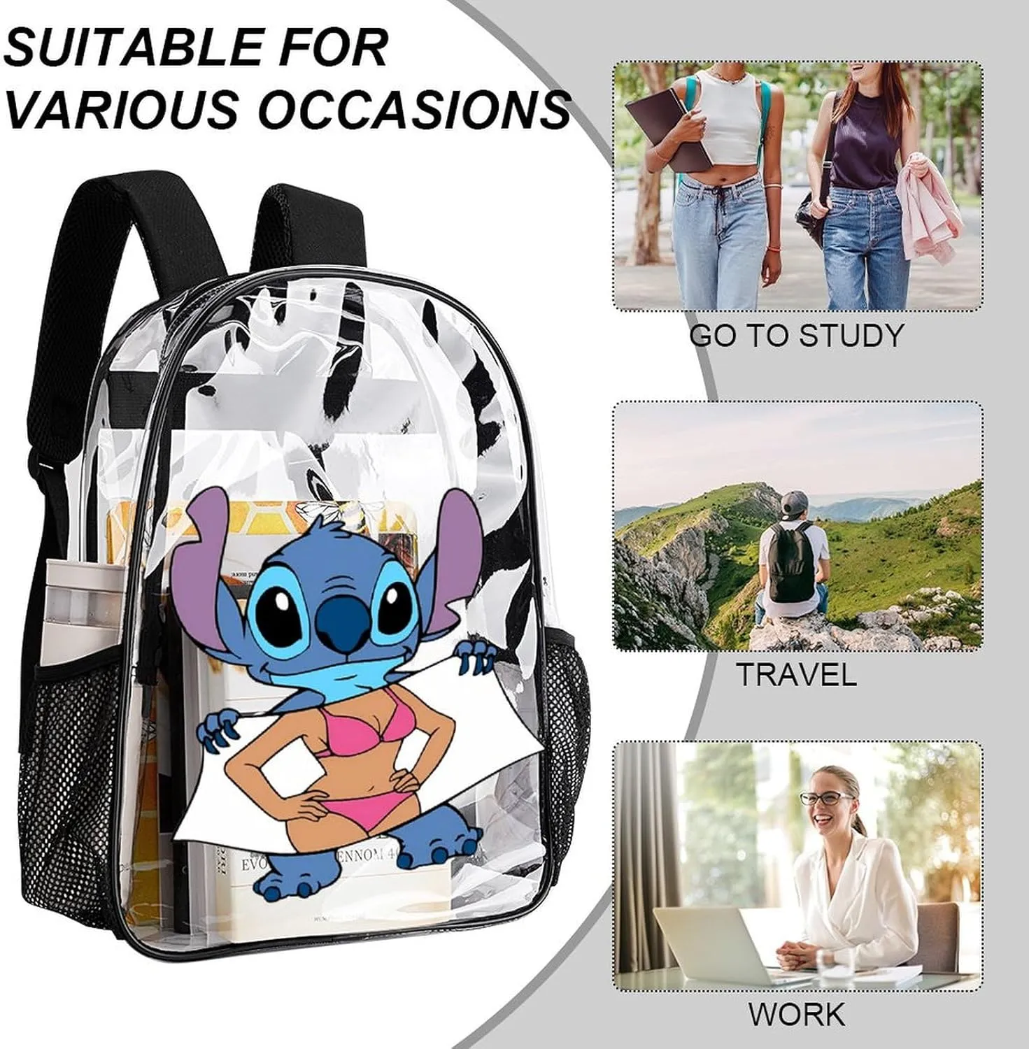 Clear Backpack Heavy Duty PVC Transparent Cartoon Backpack 17" Large Capacity See Through Bag for College