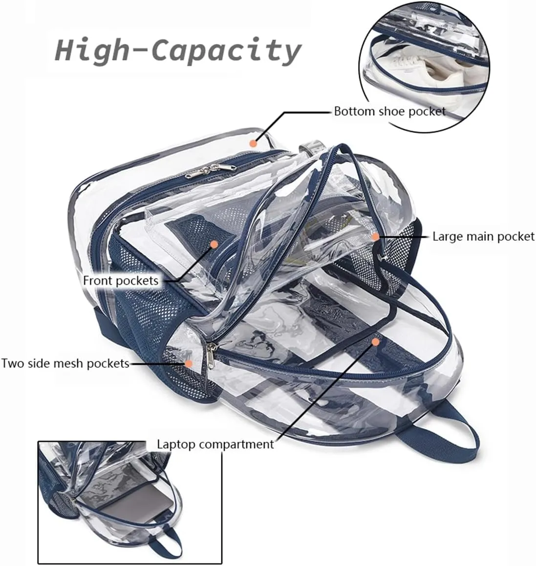 Clear Backpack Heavy Duty, See Through Backpack Purse, Gym Backpack with Laptop and Shoe Compartment (Black), 32*19*45cm
