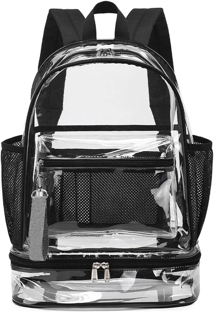Clear Backpack Heavy Duty, See Through Backpack Purse, Gym Backpack with Laptop and Shoe Compartment (Black), 32*19*45cm