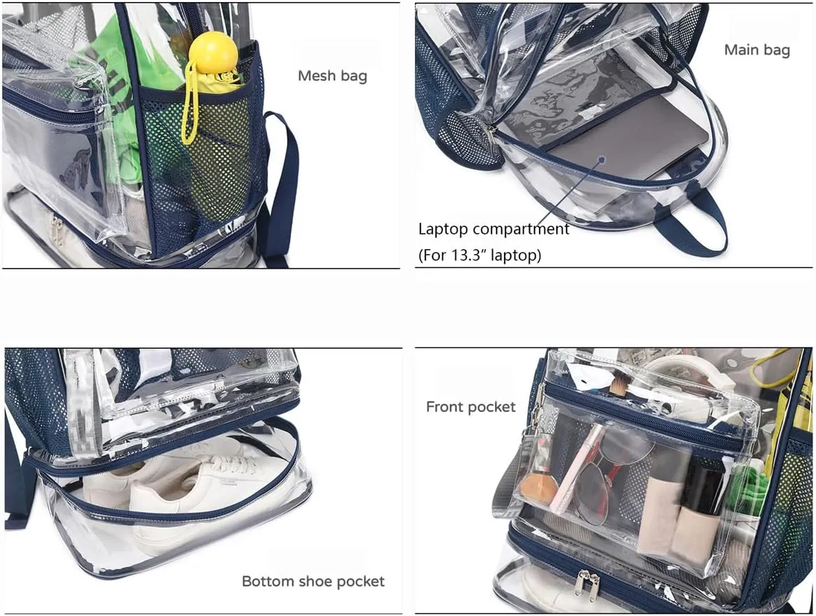 Clear Backpack Heavy Duty, See Through Backpack Purse, Gym Backpack with Laptop and Shoe Compartment (Black), 32*19*45cm
