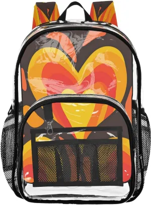 Clear Backpack Large Capacity for College Workplace Travel Orange Heart Pattern Waterproof Transparent PVC Bookbag with Key Buckle