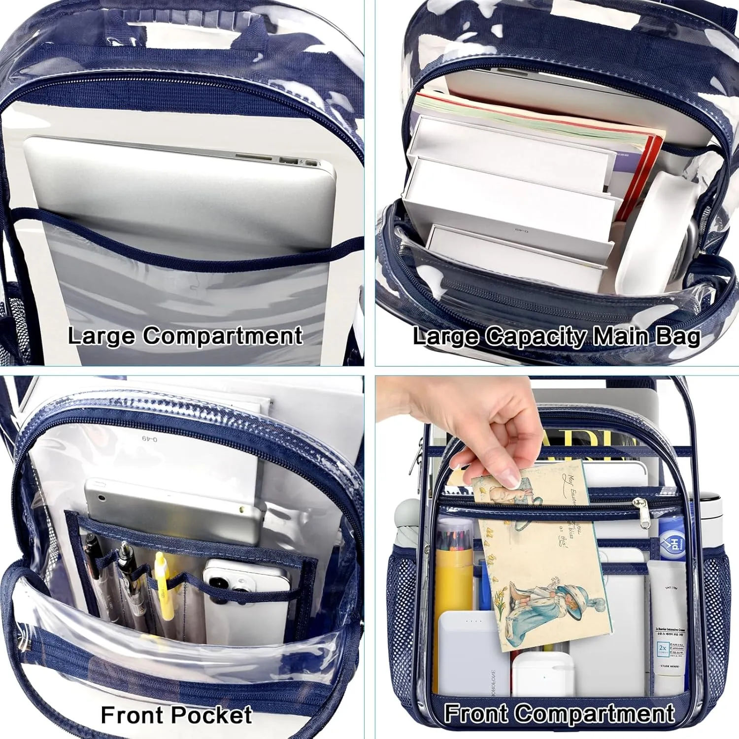 Clear Backpack,17" Large Heavy Duty Transparent Backpack with Multi-pockets See Through Bag for College, Travel, Workplace Security - Navy
