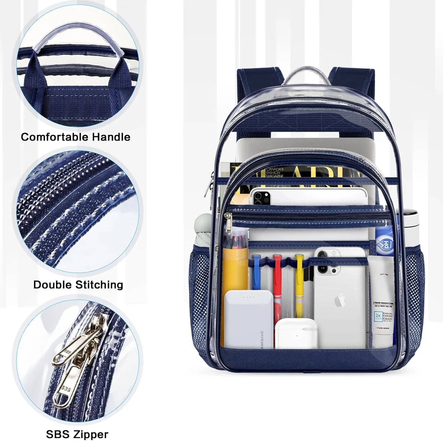 Clear Backpack,17" Large Heavy Duty Transparent Backpack with Multi-pockets See Through Bag for College, Travel, Workplace Security - Navy