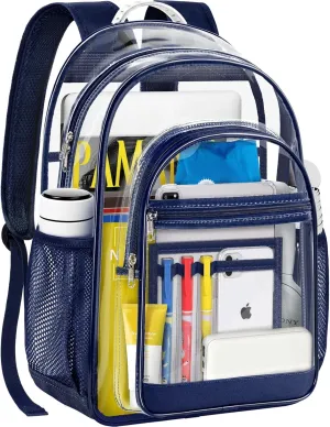 Clear Backpack,17" Large Heavy Duty Transparent Backpack with Multi-pockets See Through Bag for College, Travel, Workplace Security - Navy