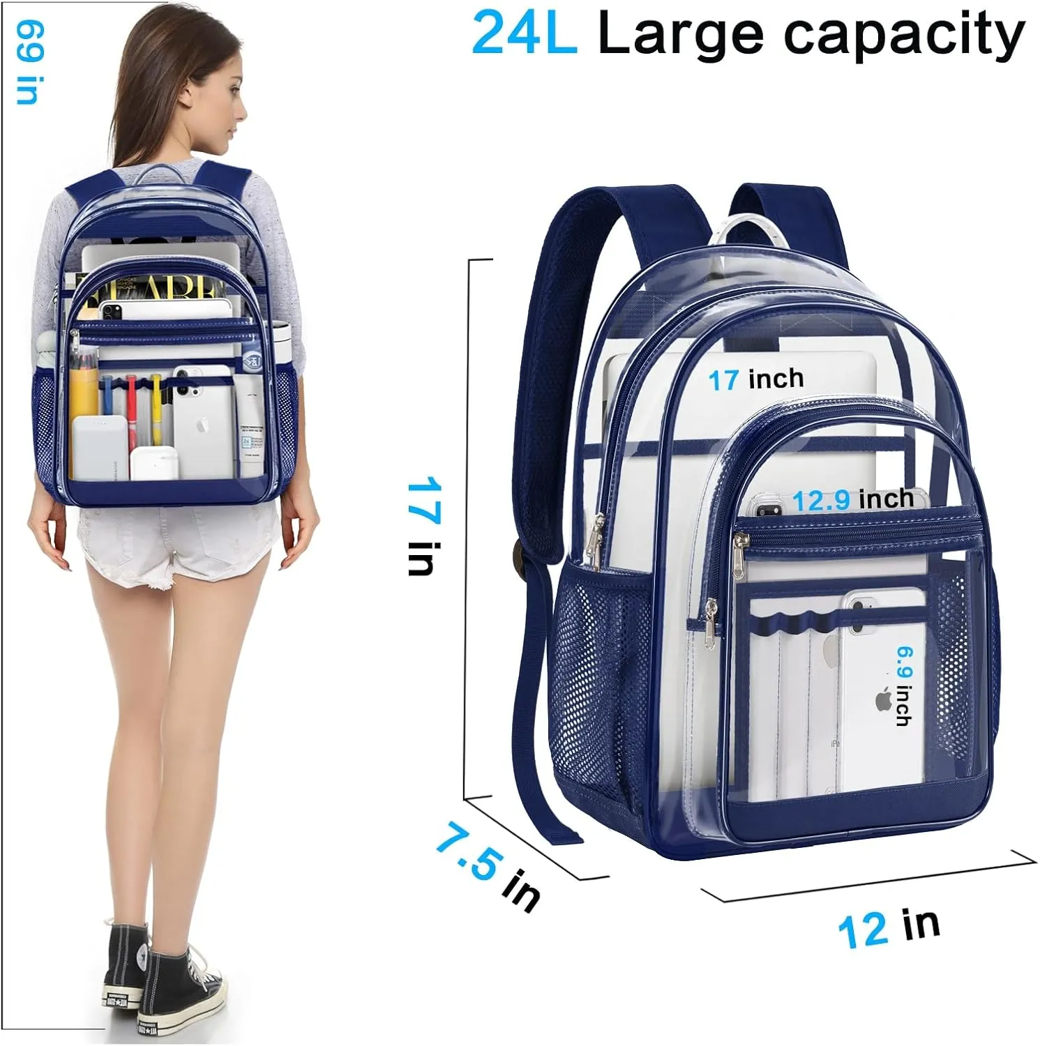 Clear Backpack,17" Large Heavy Duty Transparent Backpack with Multi-pockets See Through Bag for College, Travel, Workplace Security - Navy
