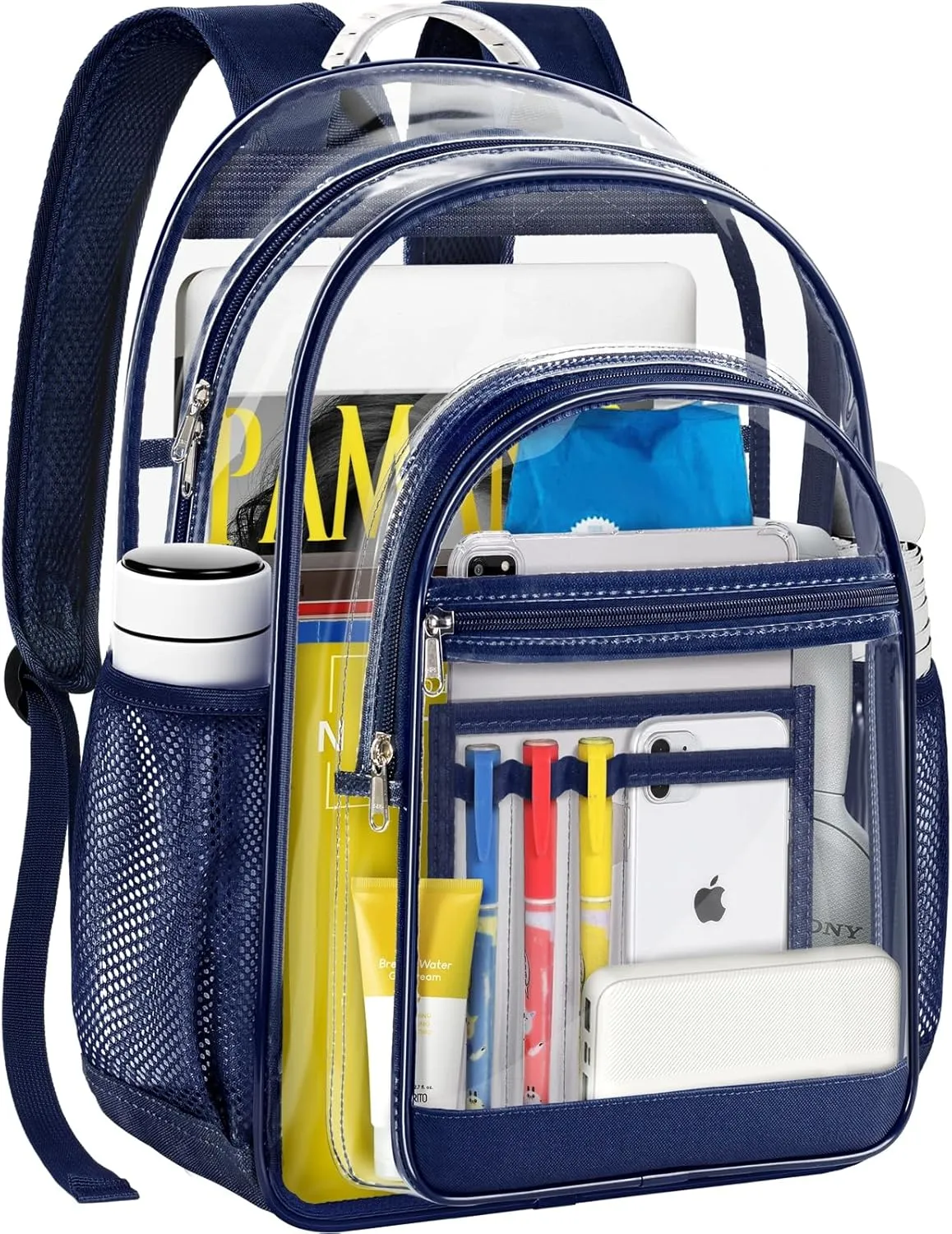 Clear Backpack,17" Large Heavy Duty Transparent Backpack with Multi-pockets See Through Bag for College, Travel, Workplace Security - Navy