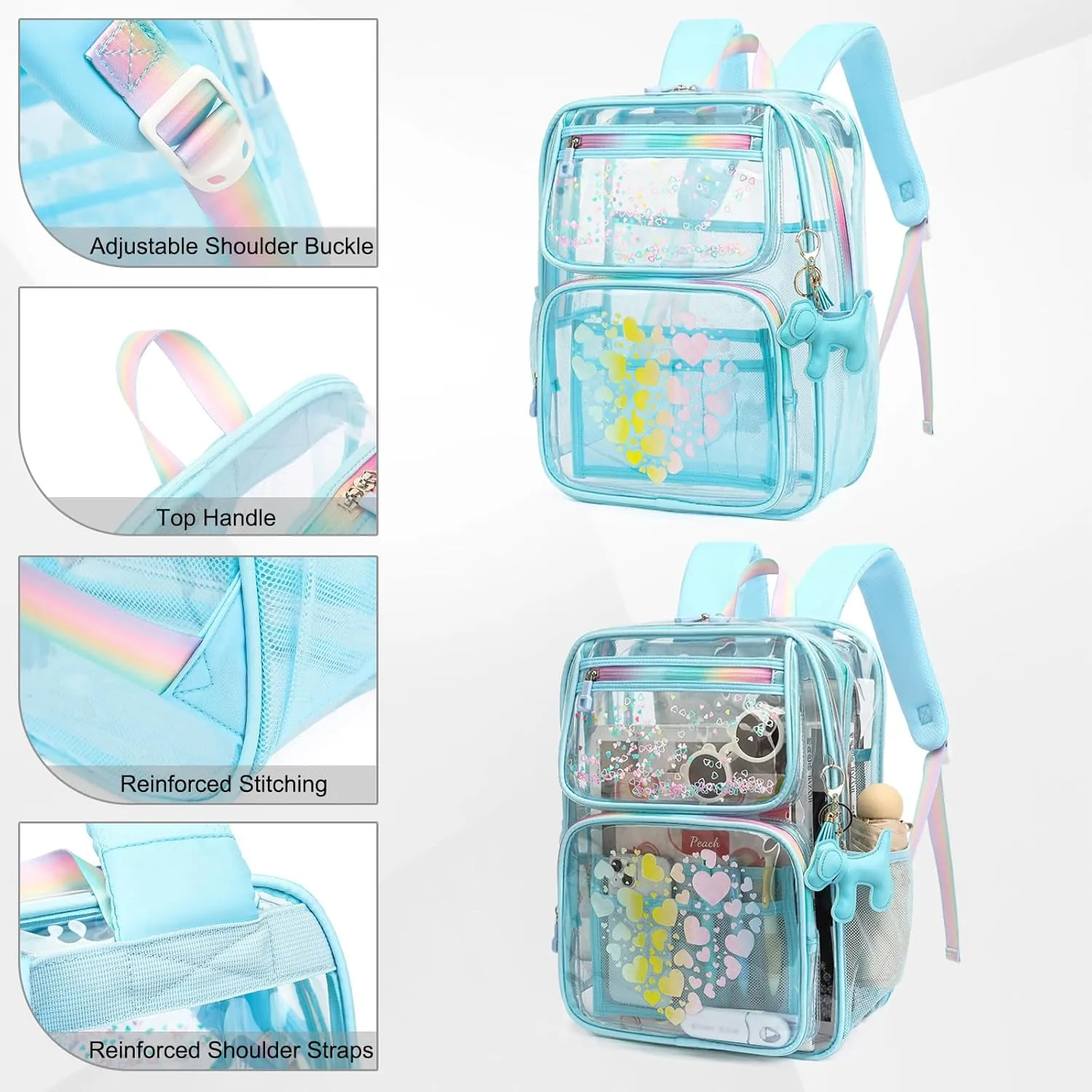 Clear Backpacks for School Girls, Heavy Duty TPU Transparent Bookbags Stadium Events Approved See Through Backpack (Blue)