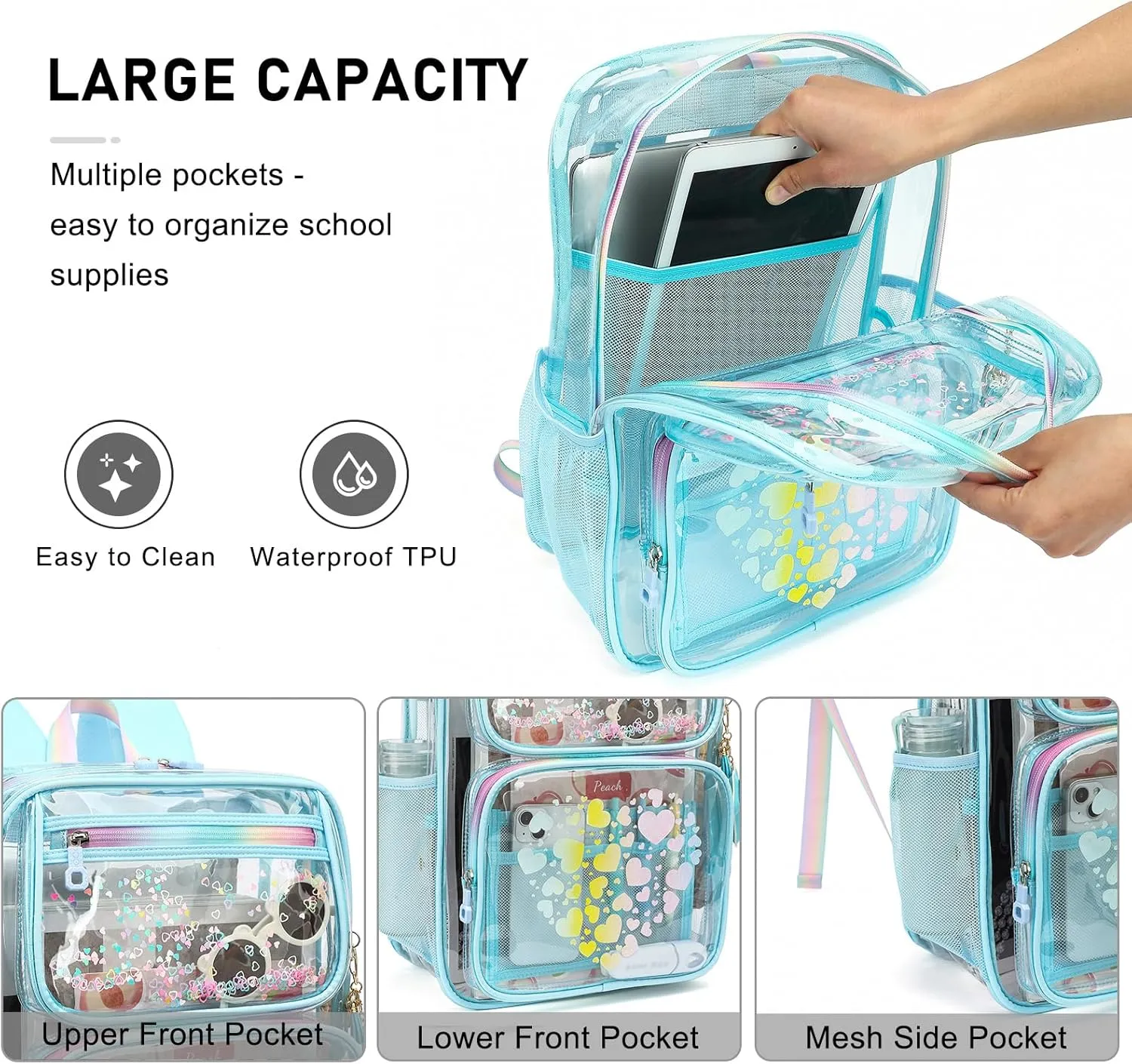 Clear Backpacks for School Girls, Heavy Duty TPU Transparent Bookbags Stadium Events Approved See Through Backpack (Blue)