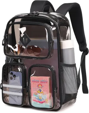 Clear Backpacks for School Heavy Duty Clear Bookbag Stadium Events Transparent Back Pack Girls Boys, Black Semitransparent