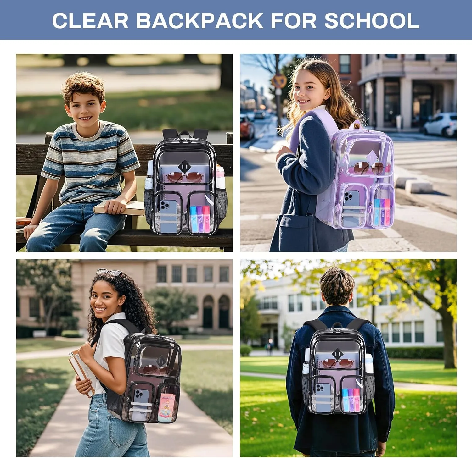 Clear Backpacks for School Heavy Duty Clear Bookbag Stadium Events Transparent Back Pack Girls Boys, Black Semitransparent