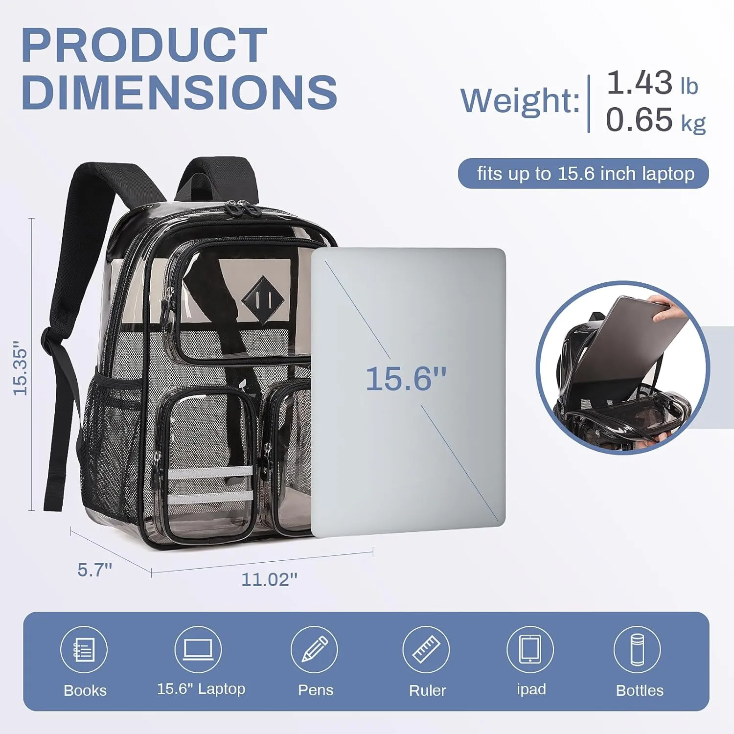 Clear Backpacks for School Heavy Duty Clear Bookbag Stadium Events Transparent Back Pack Girls Boys, Black Semitransparent