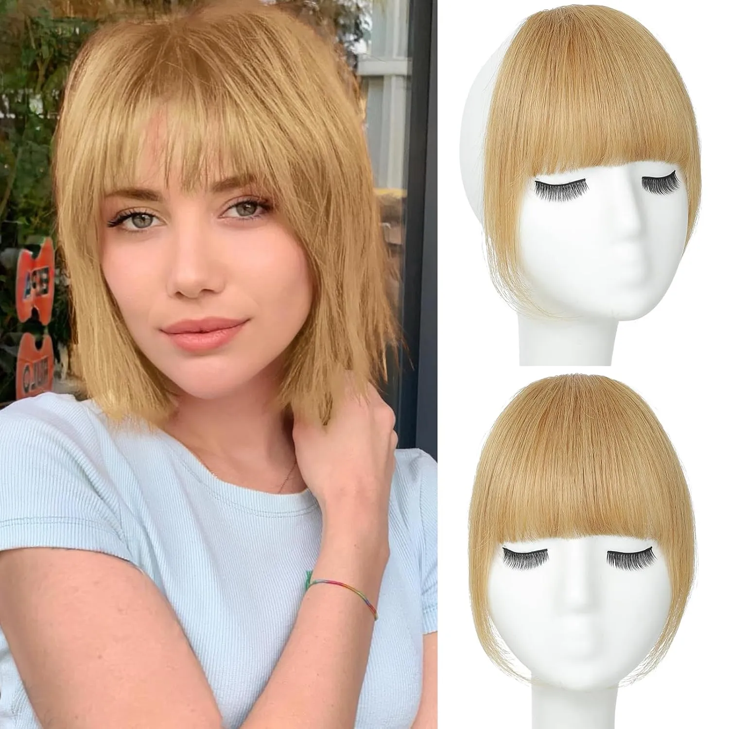 Clip in Bangs 100% Real Human Hair, French Bangs Hair Clip, Fake Bang Fringe with Temples Hairpieces for Women Daily Wear (Ash Blonde, French Bangs)