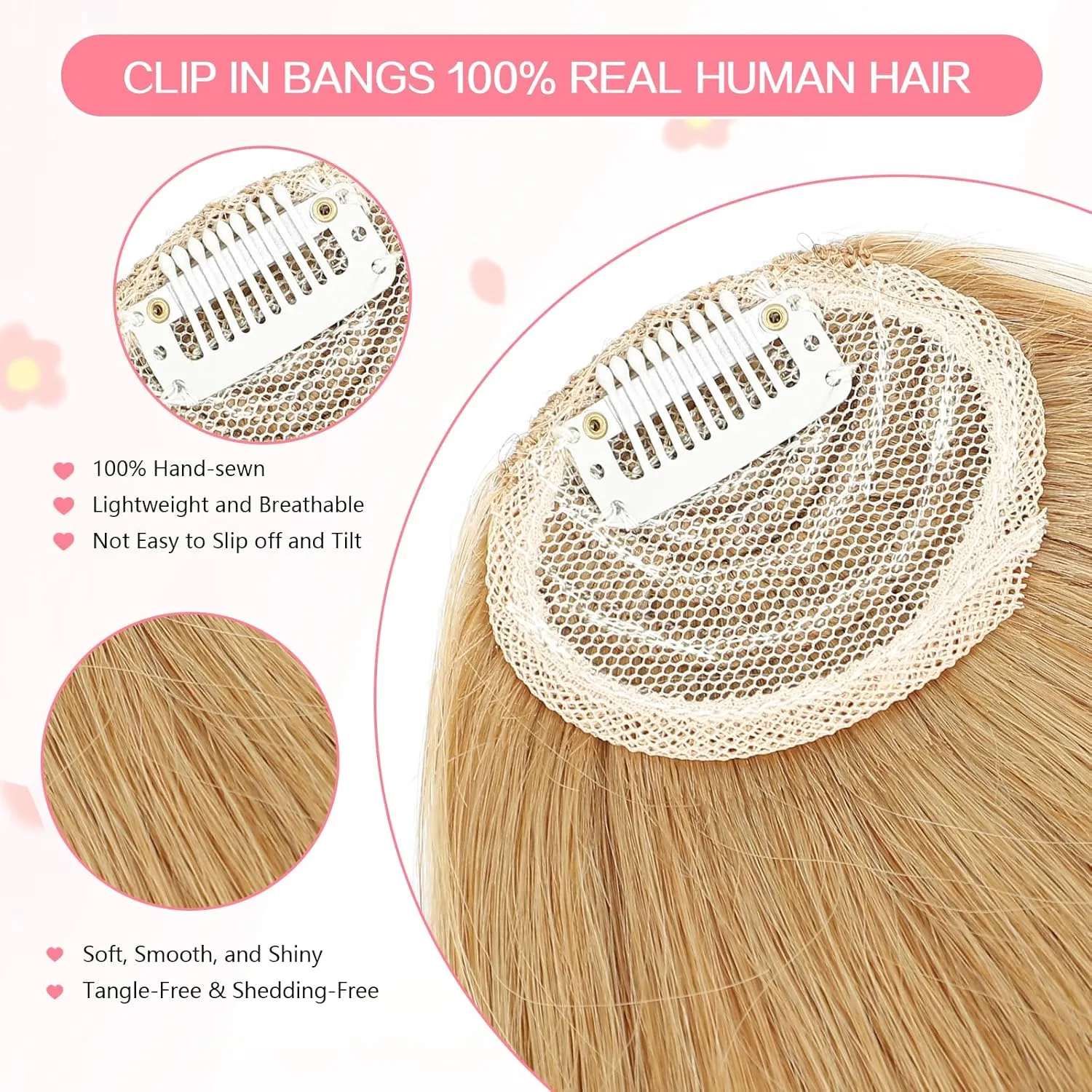 Clip in Bangs 100% Real Human Hair, French Bangs Hair Clip, Fake Bang Fringe with Temples Hairpieces for Women Daily Wear (Ash Blonde, French Bangs)