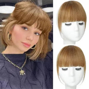 Clip in Bangs 100% Real Human Hair, French Bangs Hair Clip, Fake Bang Fringe with Temples Hairpieces for Women Daily Wear (Light Brown, French Bangs)