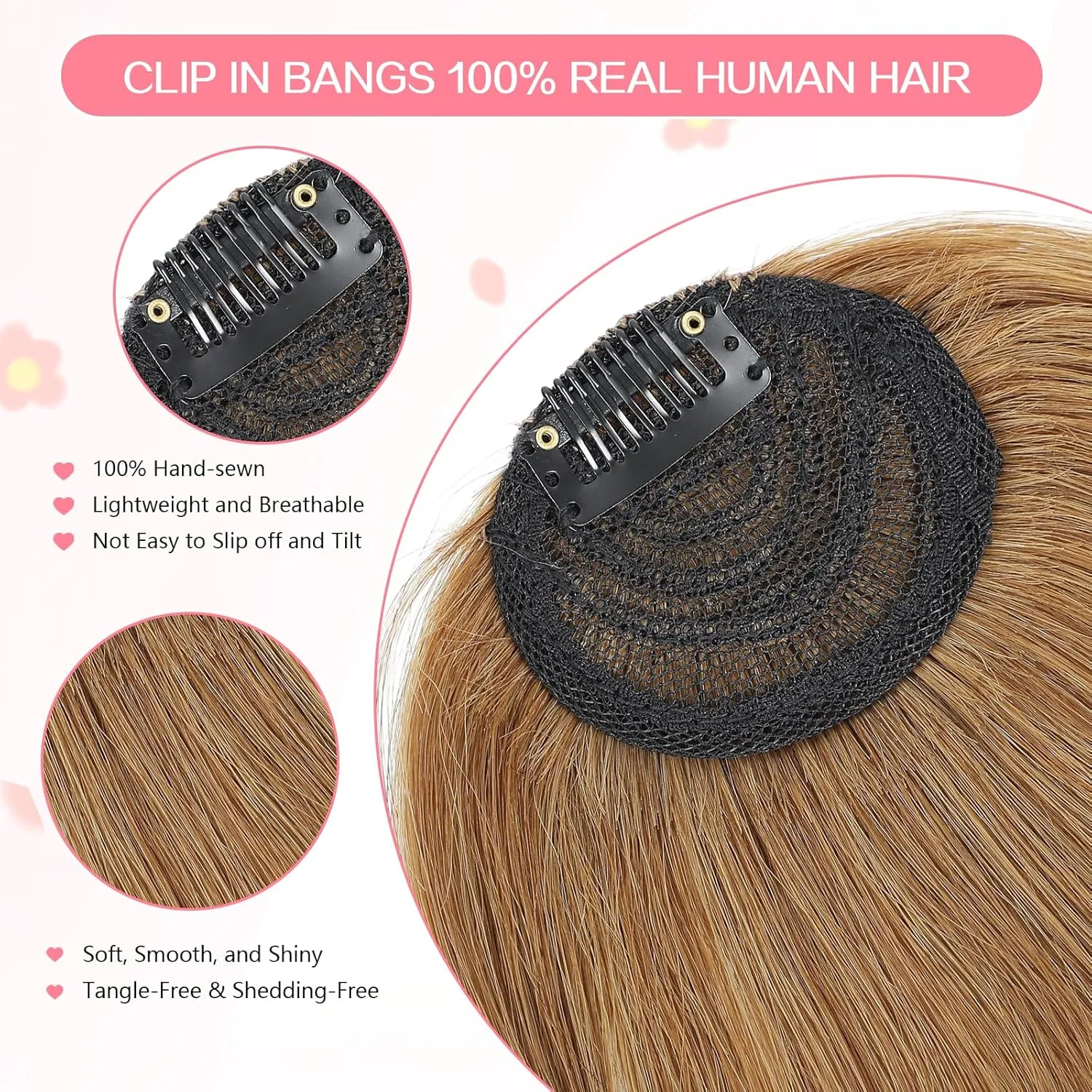 Clip in Bangs 100% Real Human Hair, French Bangs Hair Clip, Fake Bang Fringe with Temples Hairpieces for Women Daily Wear (Light Brown, French Bangs)