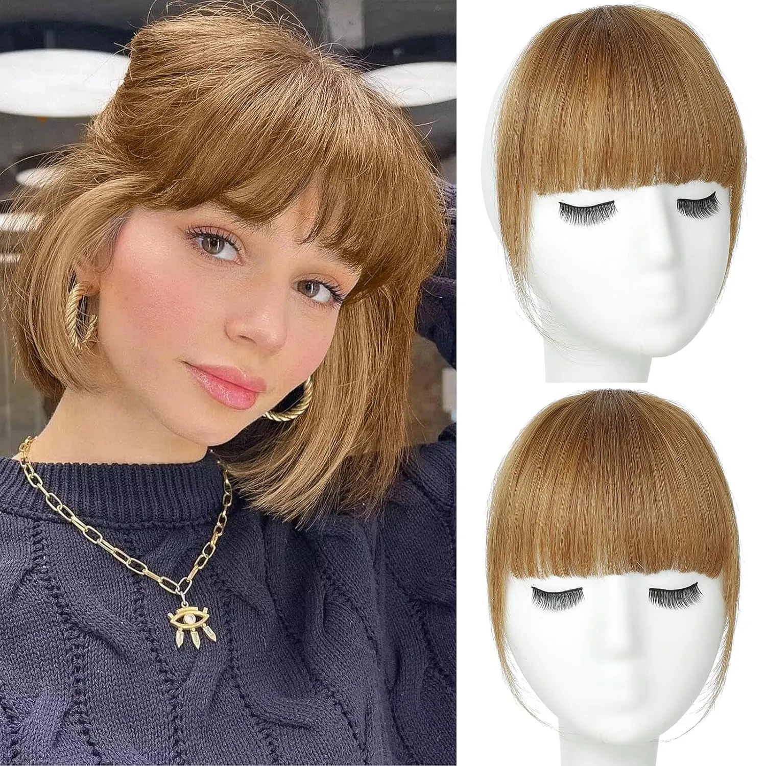 Clip in Bangs 100% Real Human Hair, French Bangs Hair Clip, Fake Bang Fringe with Temples Hairpieces for Women Daily Wear (Light Brown, French Bangs)