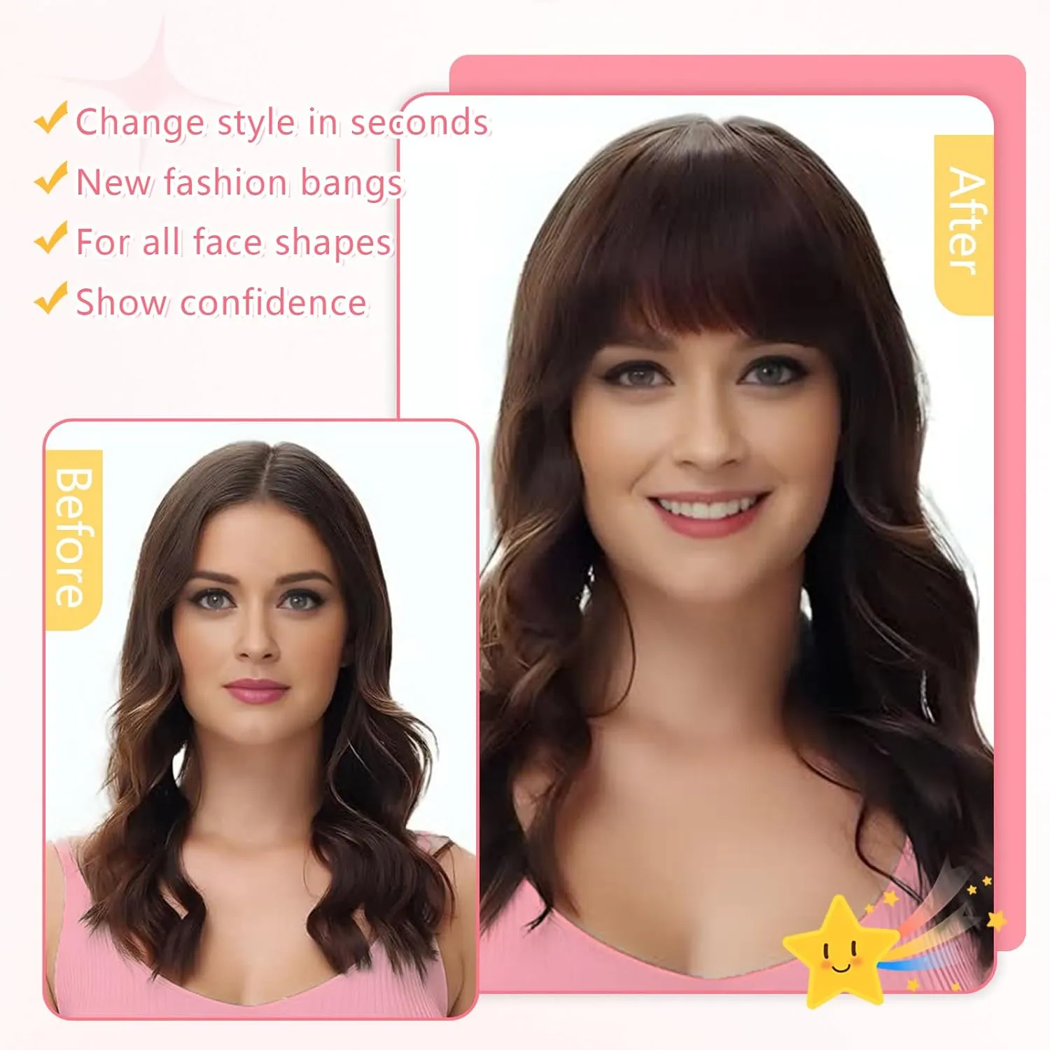 Clip in Bangs 100% Real Human Hair, French Bangs Hair Clip, Fake Bang Fringe with Temples Hairpieces for Women Daily Wear (Light Brown, French Bangs)