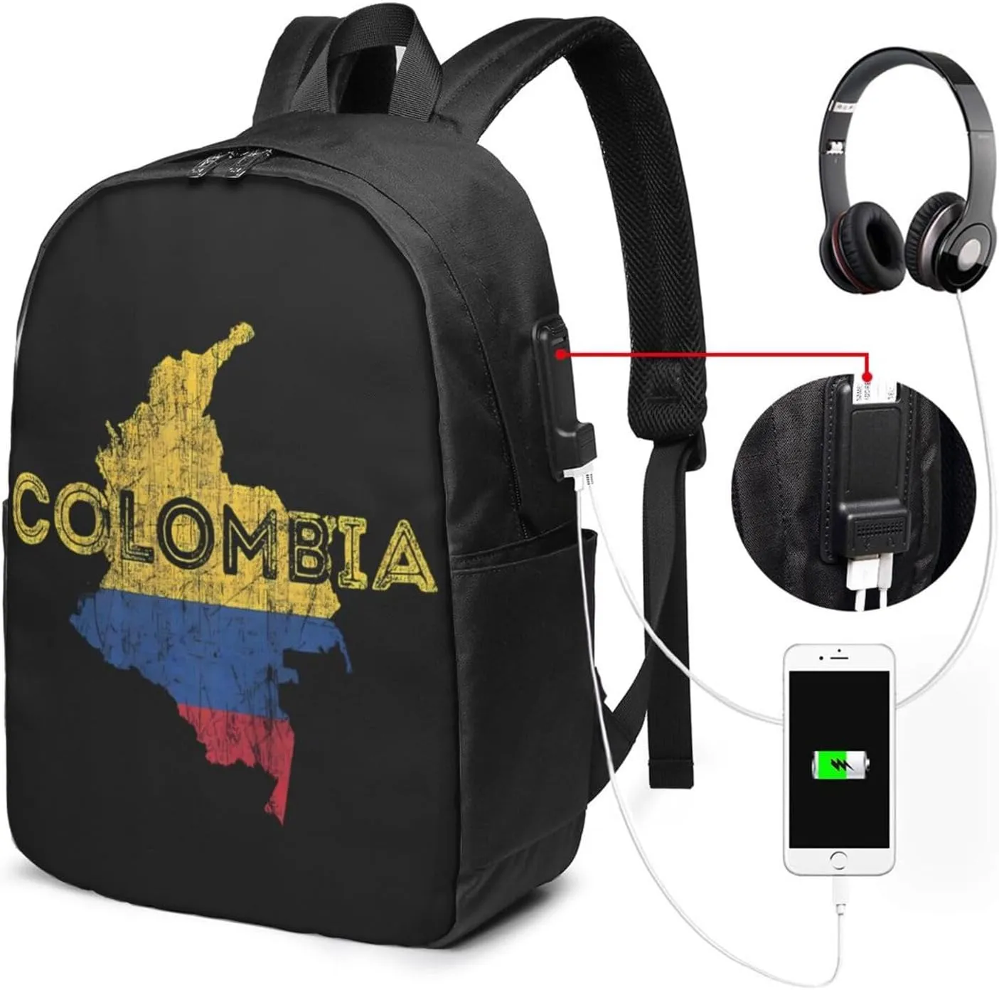 Colombian Map Colombia Flag Travel Backpack 17-Inch Laptop Backpacks Business Rucksack Casual Sport Daypack with USB Charging Port Carry-on Bag for Camping Biking