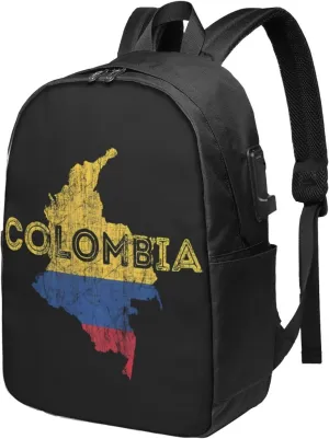 Colombian Map Colombia Flag Travel Backpack 17-Inch Laptop Backpacks Business Rucksack Casual Sport Daypack with USB Charging Port Carry-on Bag for Camping Biking