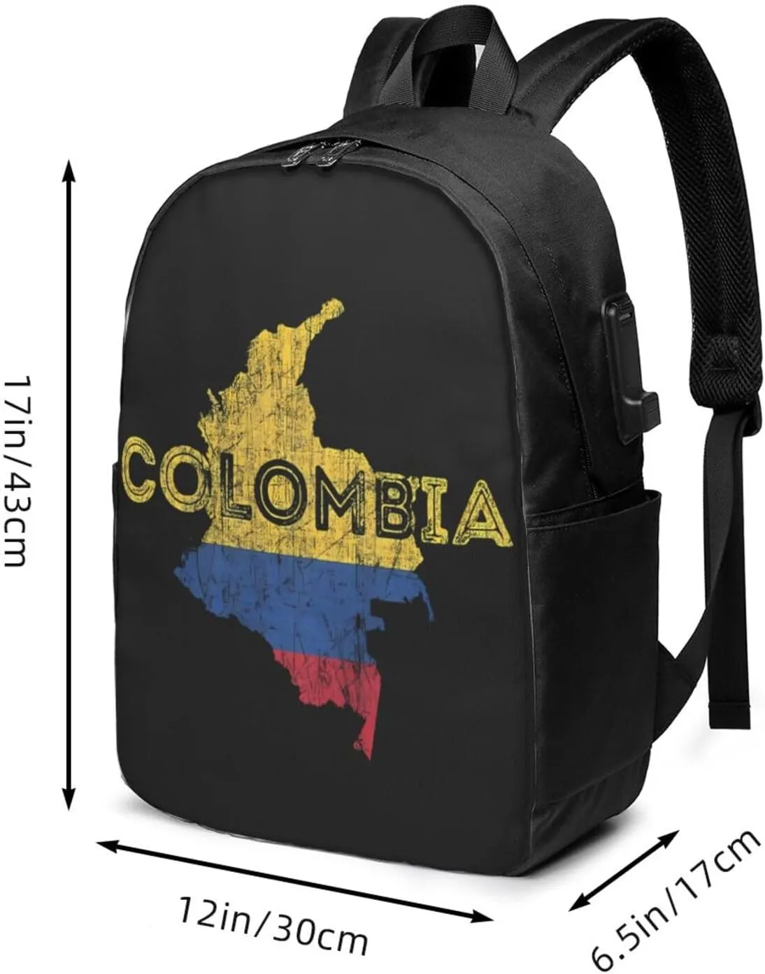 Colombian Map Colombia Flag Travel Backpack 17-Inch Laptop Backpacks Business Rucksack Casual Sport Daypack with USB Charging Port Carry-on Bag for Camping Biking