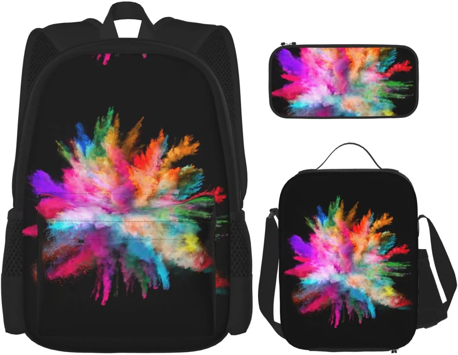 Color Explosion Print Unisex Stylish Travel Backpack Set With Insulated Lunch Bag,Adjustable Straps