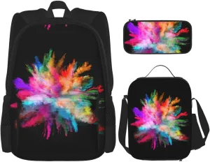 Color Explosion Print Unisex Stylish Travel Backpack Set With Insulated Lunch Bag,Adjustable Straps