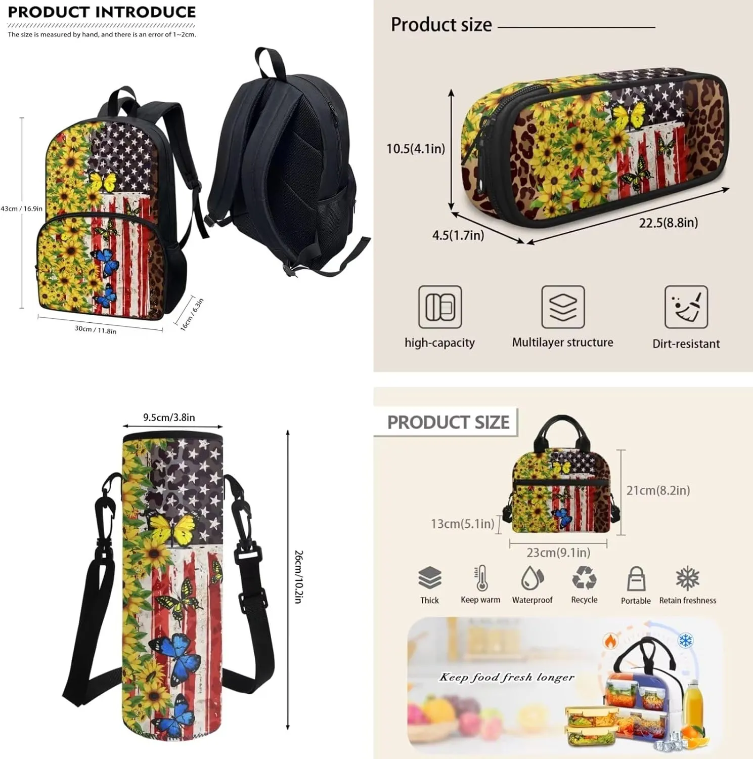 Coloranimal Butterfly Sunflower Backpack for Teen Girls Middle High Student Bookbags 4pcs Patriotic 4th of July American Flag School Bookbag Set, Pencil Bag,Water Bottle Sleeve,Lunch Tote Bag