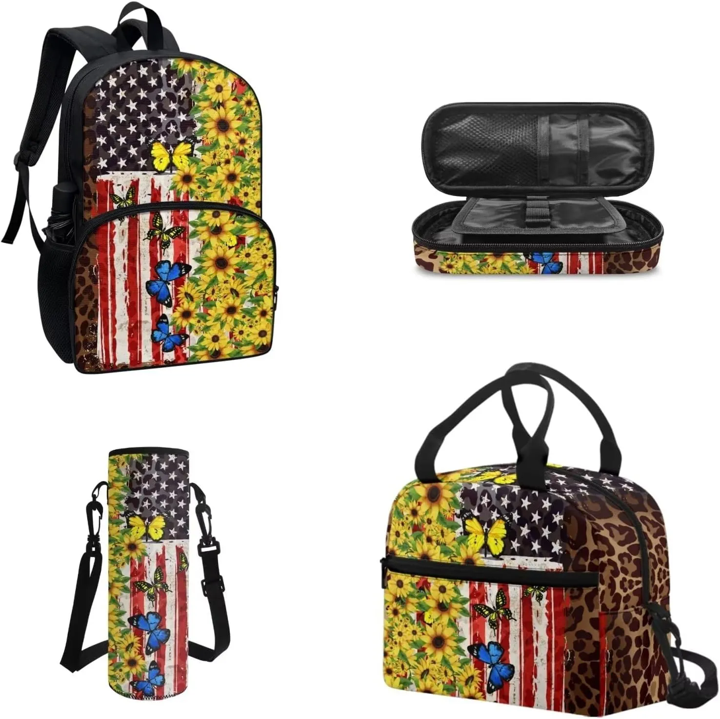 Coloranimal Butterfly Sunflower Backpack for Teen Girls Middle High Student Bookbags 4pcs Patriotic 4th of July American Flag School Bookbag Set, Pencil Bag,Water Bottle Sleeve,Lunch Tote Bag