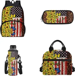 Coloranimal Butterfly Sunflower Backpack for Teen Girls Middle High Student Bookbags 4pcs Patriotic 4th of July American Flag School Bookbag Set, Pencil Bag,Water Bottle Sleeve,Lunch Tote Bag