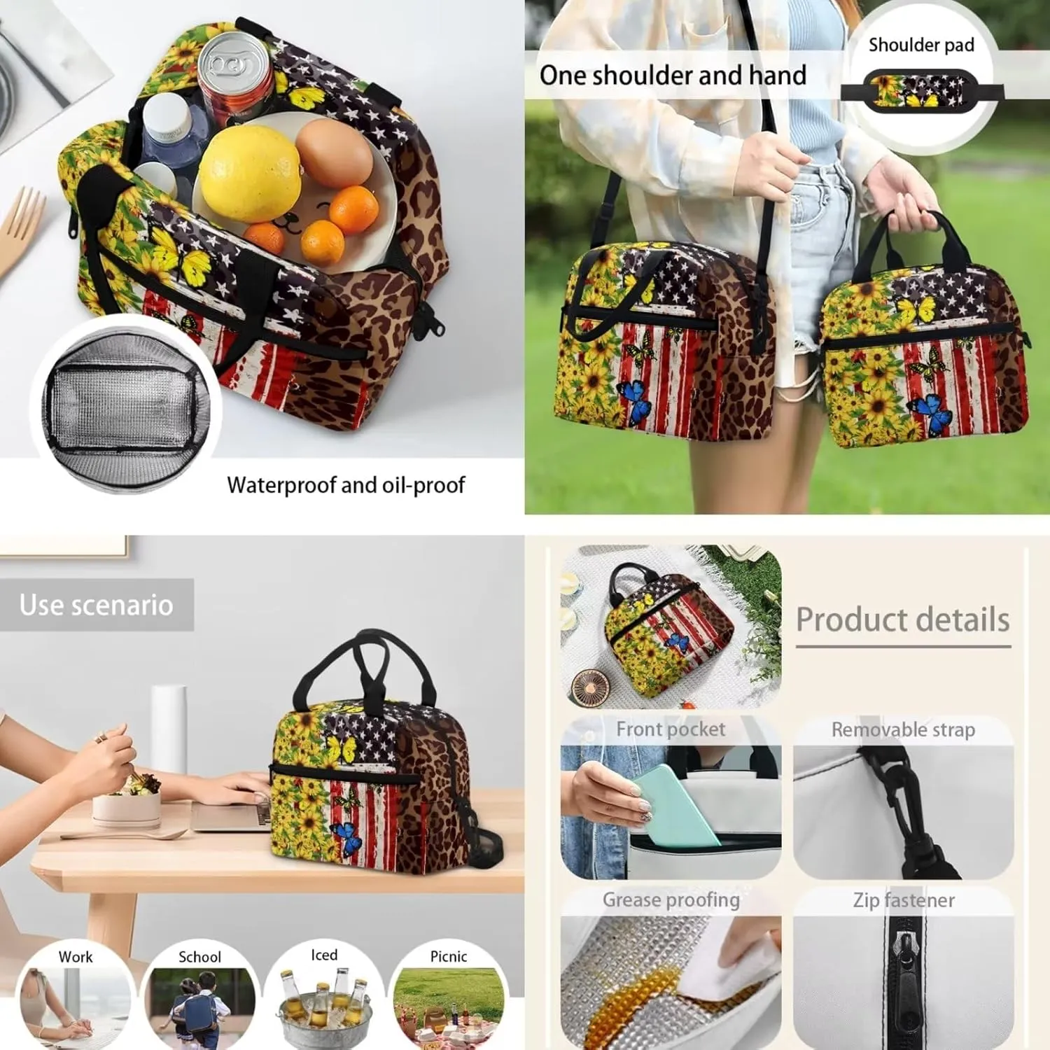 Coloranimal Butterfly Sunflower Backpack for Teen Girls Middle High Student Bookbags 4pcs Patriotic 4th of July American Flag School Bookbag Set, Pencil Bag,Water Bottle Sleeve,Lunch Tote Bag