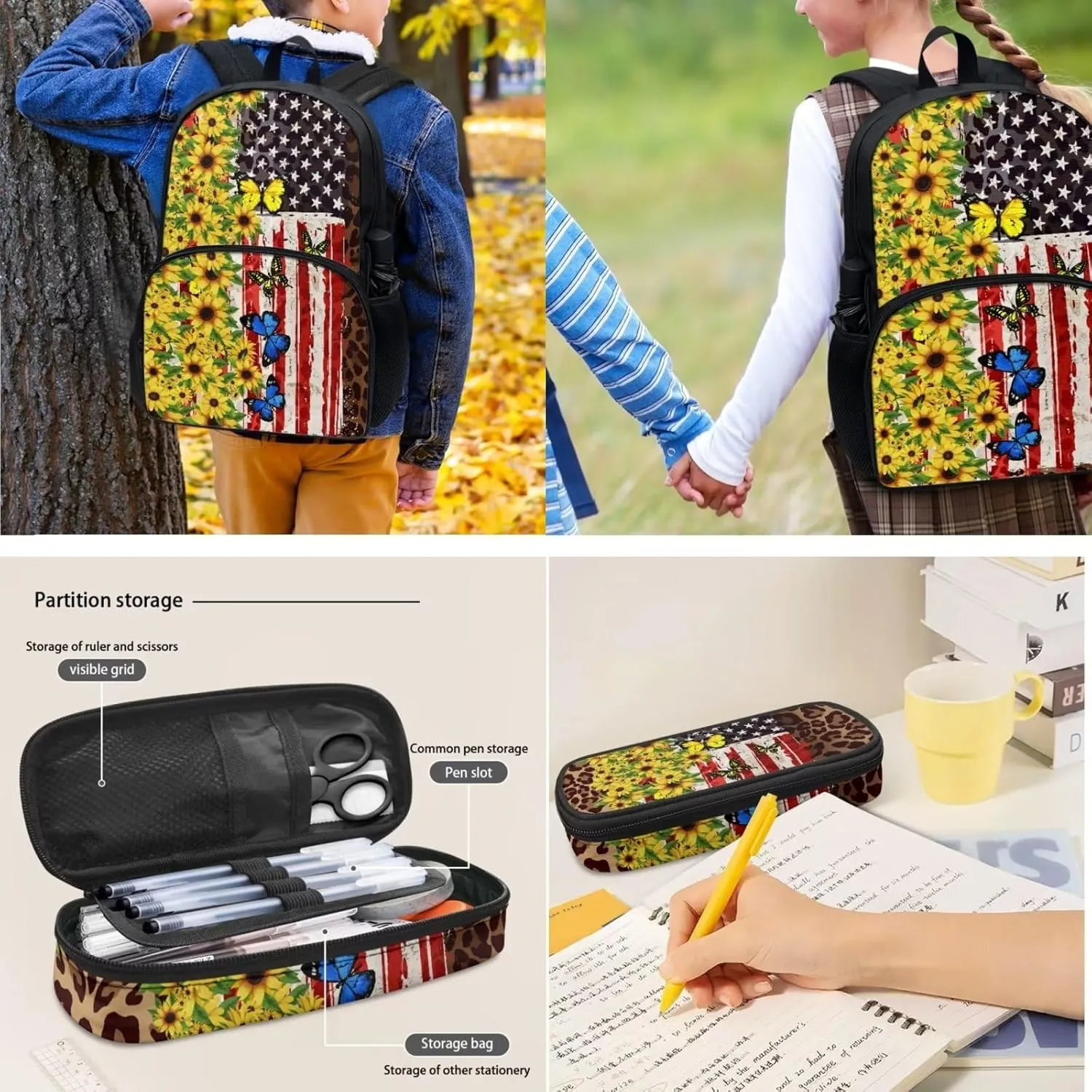 Coloranimal Butterfly Sunflower Backpack for Teen Girls Middle High Student Bookbags 4pcs Patriotic 4th of July American Flag School Bookbag Set, Pencil Bag,Water Bottle Sleeve,Lunch Tote Bag