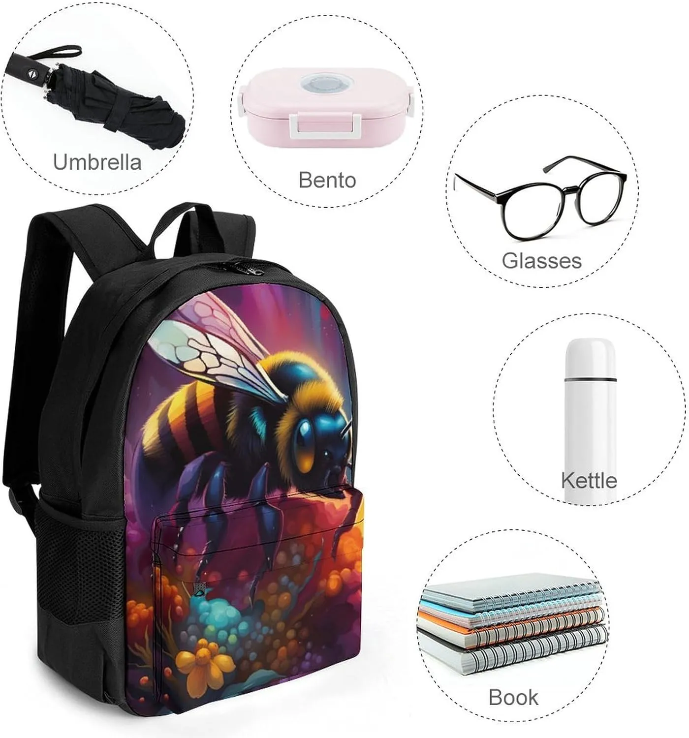 Colorful Bee Flowers Art Rucksacks Lightweight Multipurpose Anti-Theft Shoulder Bag Big Capacity Traveling & Camping Backpack With Side Pockets