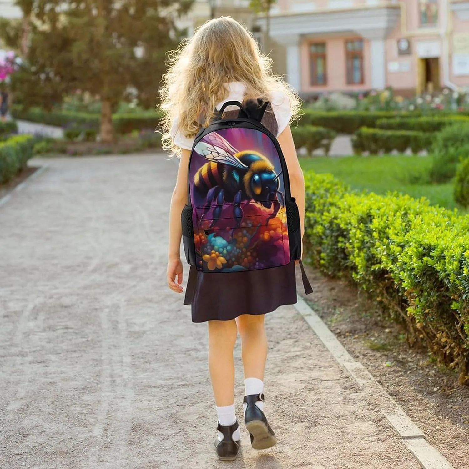 Colorful Bee Flowers Art Rucksacks Lightweight Multipurpose Anti-Theft Shoulder Bag Big Capacity Traveling & Camping Backpack With Side Pockets
