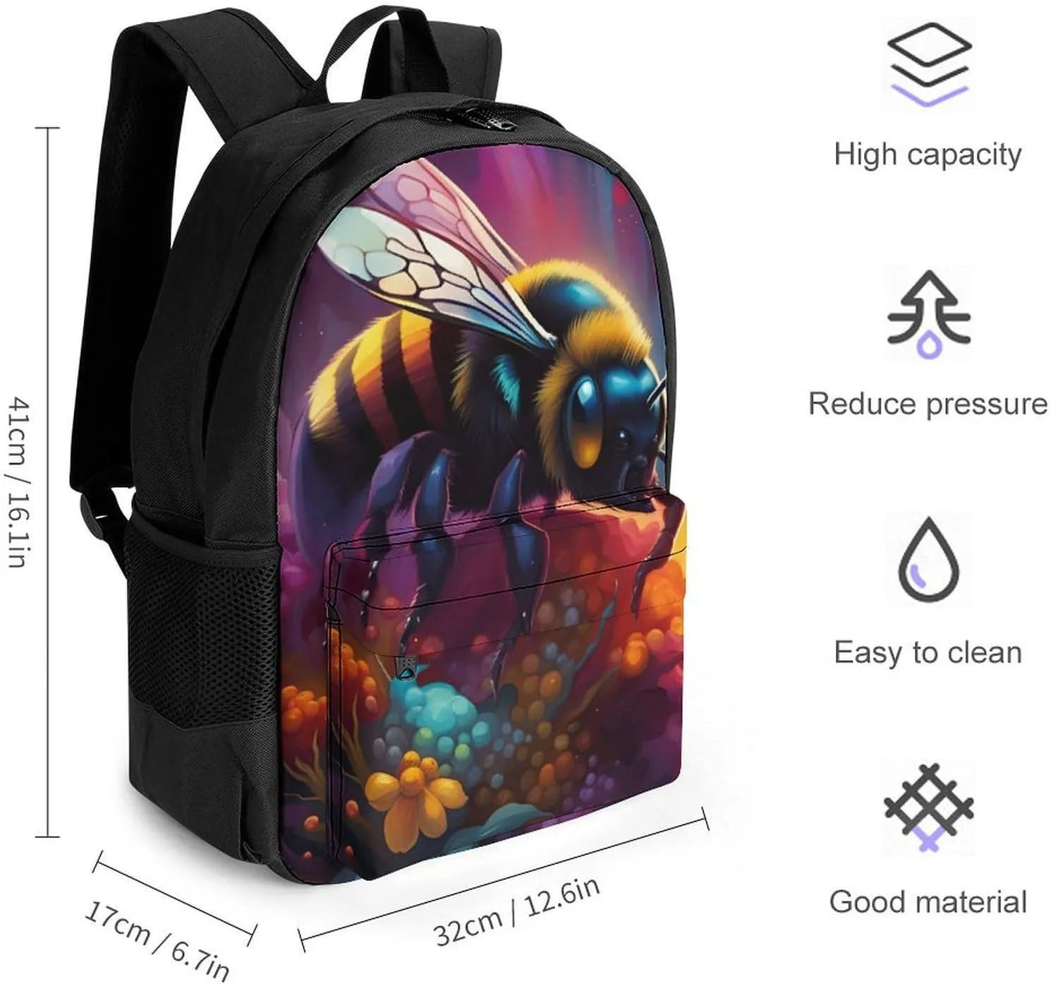 Colorful Bee Flowers Art Rucksacks Lightweight Multipurpose Anti-Theft Shoulder Bag Big Capacity Traveling & Camping Backpack With Side Pockets