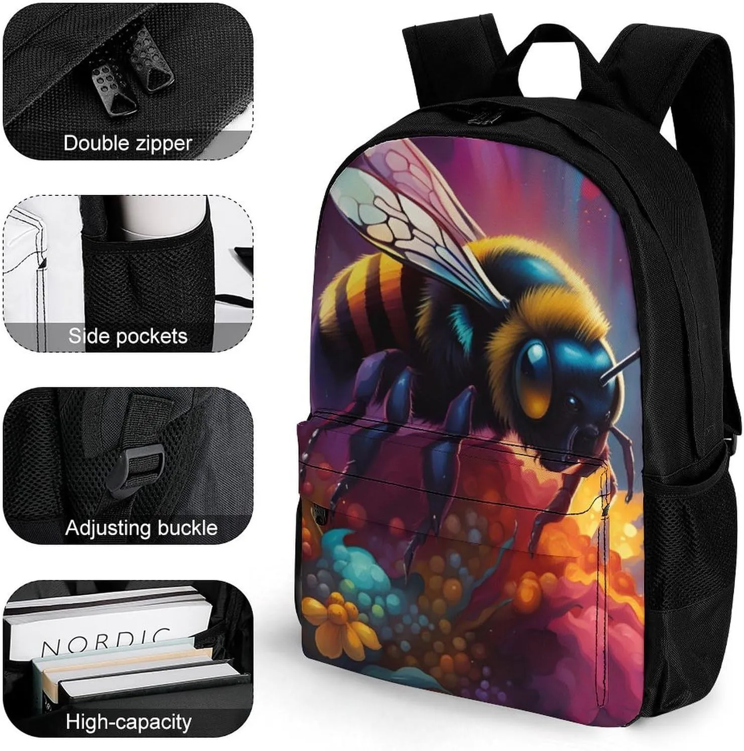 Colorful Bee Flowers Art Rucksacks Lightweight Multipurpose Anti-Theft Shoulder Bag Big Capacity Traveling & Camping Backpack With Side Pockets