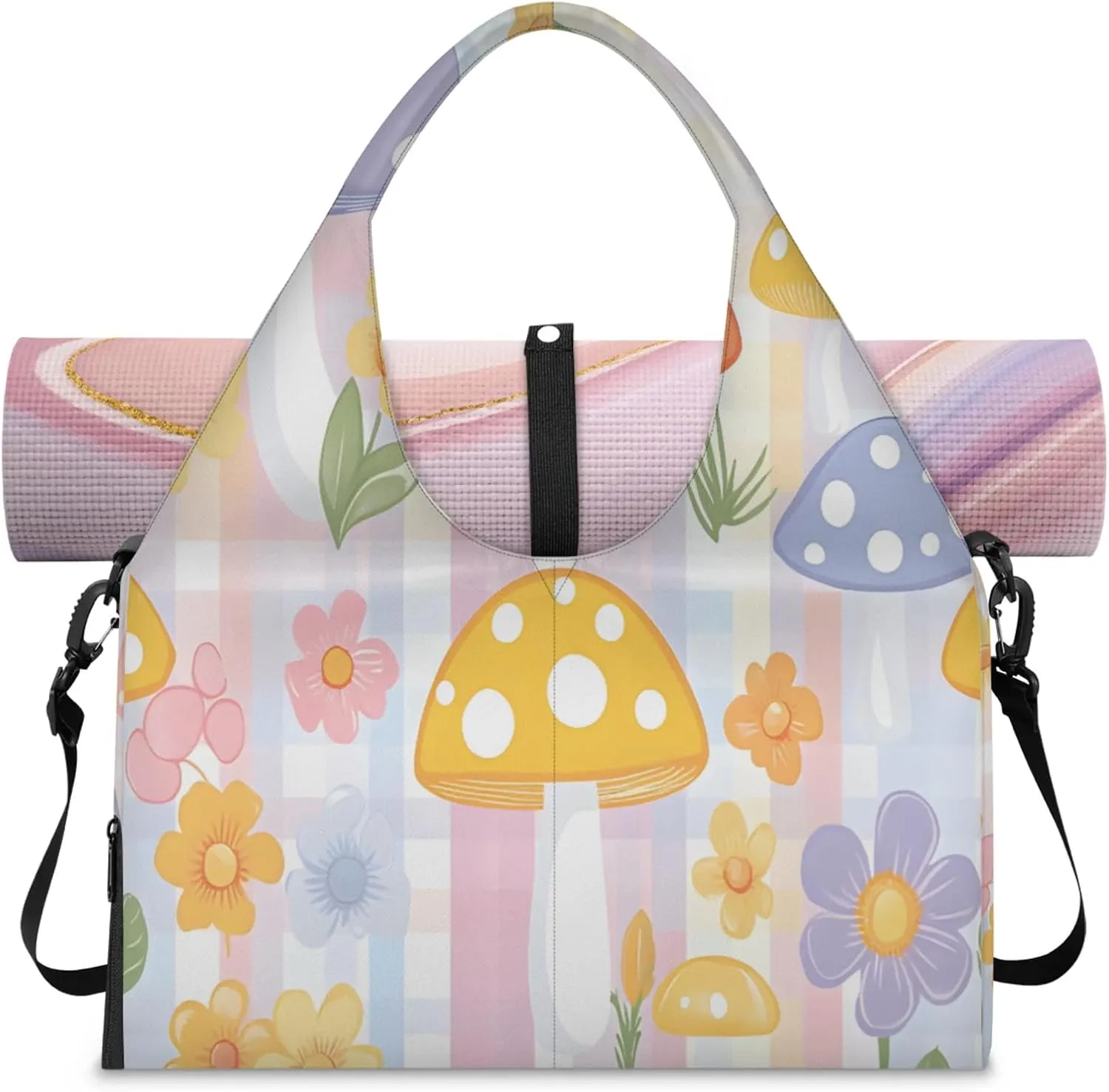 Colorful checkered mushroom Women's Yoga Gym Bag - Adjustable shoulder strap with shoe compartment, large gym bag with multiple pockets for yoga mat, gym equipment and travel accessories