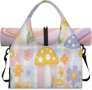 Colorful checkered mushroom Women's Yoga Gym Bag - Adjustable shoulder strap with shoe compartment, large gym bag with multiple pockets for yoga mat, gym equipment and travel accessories