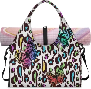 Colorful leopard print butterfly Women's Yoga Gym Bag - Adjustable shoulder strap with shoe compartment, large gym bag with multiple pockets for yoga mat, gym equipment and travel accessories