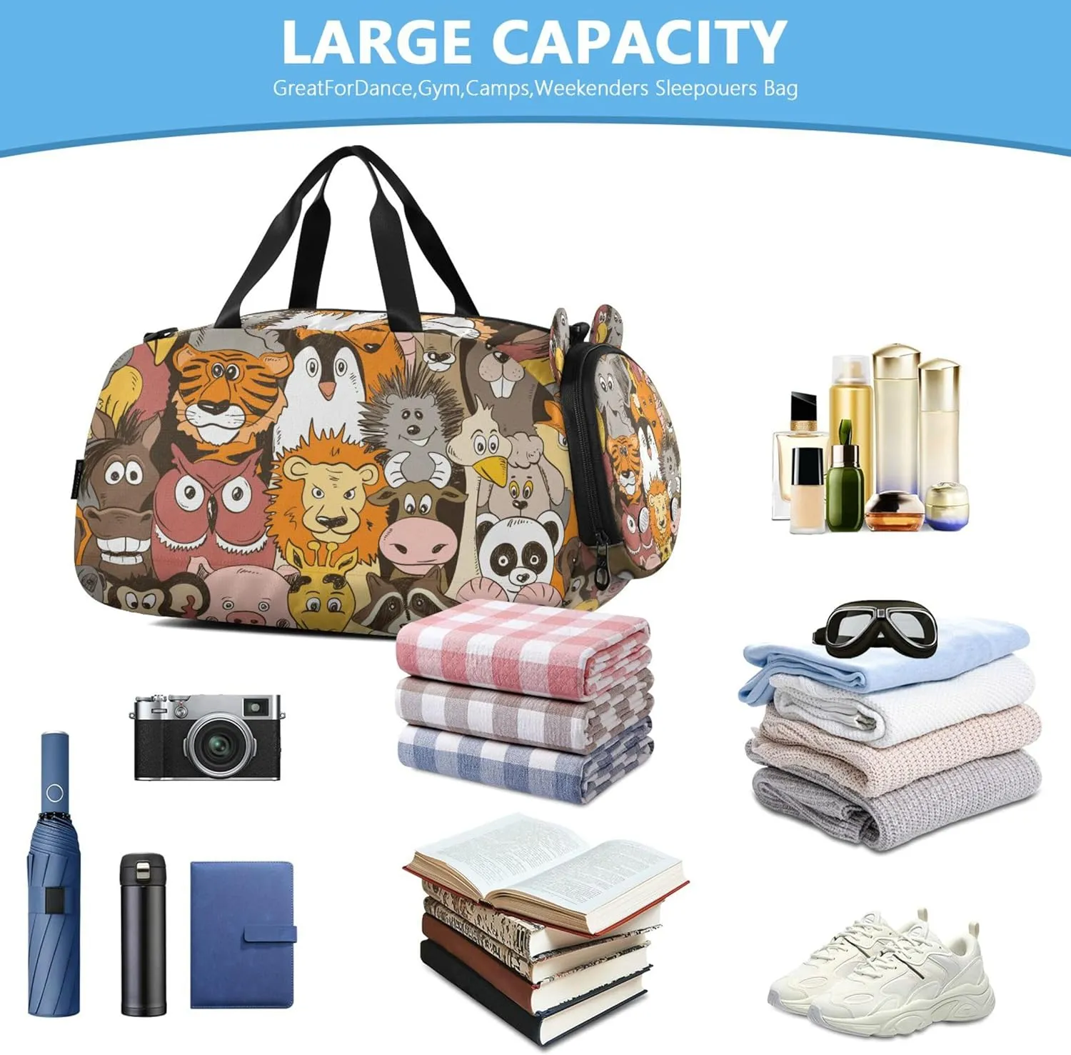 Colorful Psychedelic Funny Animals Duffel Bag with Shoes Compartment Lightweight Kids Overnighter Duffel Bags for Travel, Sports, Fitness & Workout