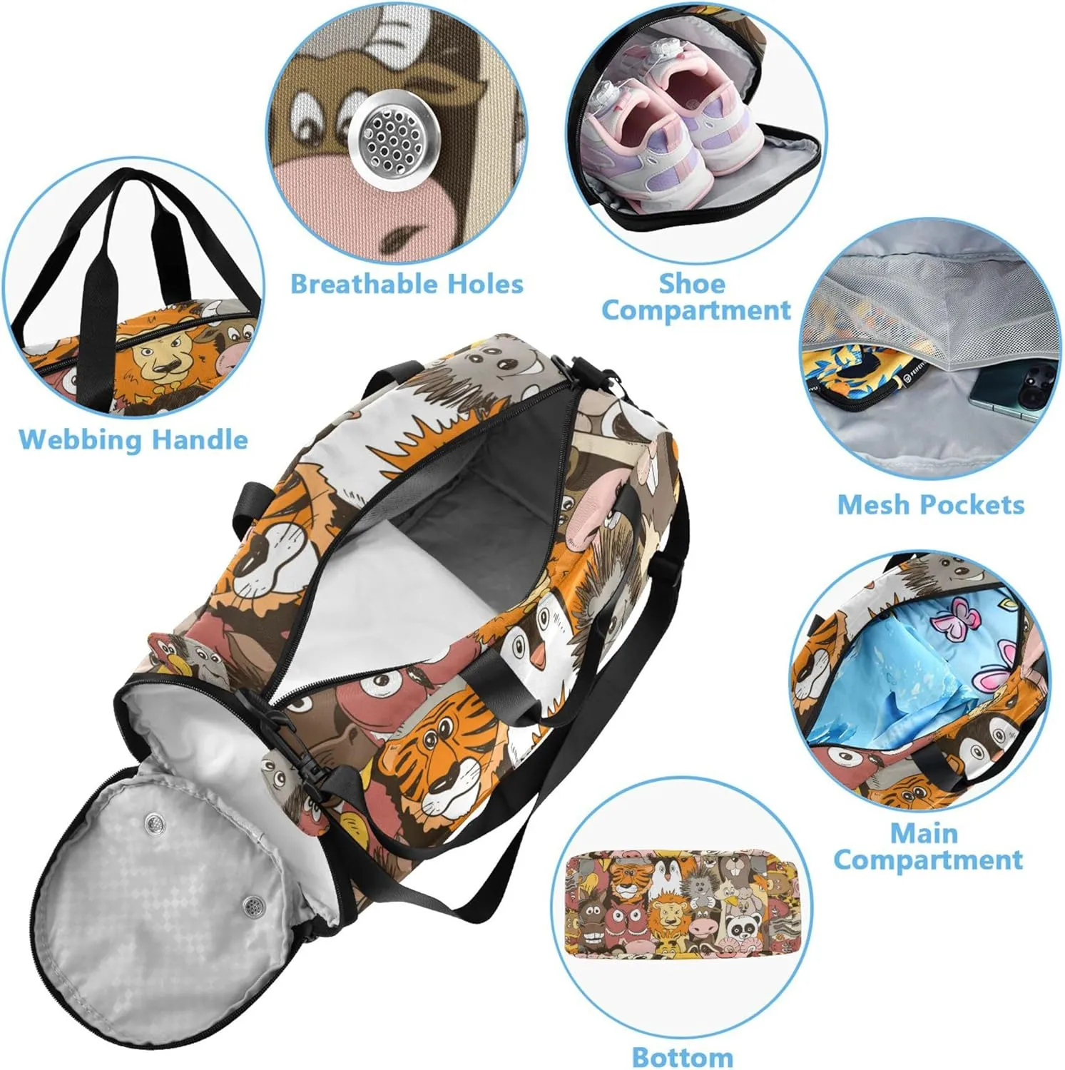 Colorful Psychedelic Funny Animals Duffel Bag with Shoes Compartment Lightweight Kids Overnighter Duffel Bags for Travel, Sports, Fitness & Workout