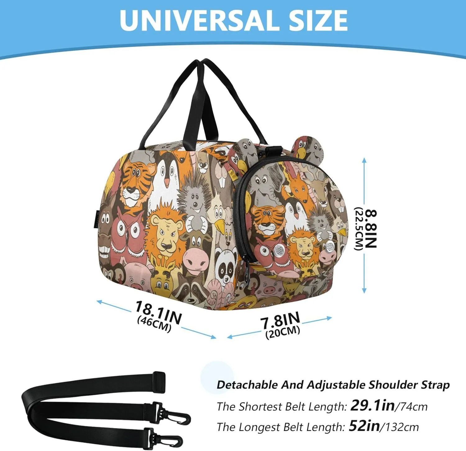 Colorful Psychedelic Funny Animals Duffel Bag with Shoes Compartment Lightweight Kids Overnighter Duffel Bags for Travel, Sports, Fitness & Workout