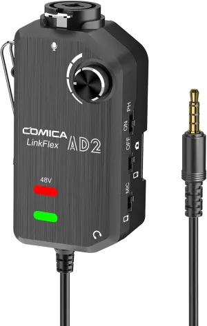 COMICA LINKFLEX AD2 XLR/ 6.35mm Audio Preamp Adapter with 48V Phantom Power, Real-time Monitoring, Guitar Interface Microphone Preamp for iPhone, iOS, Android, Tablet and DSLR Cameras