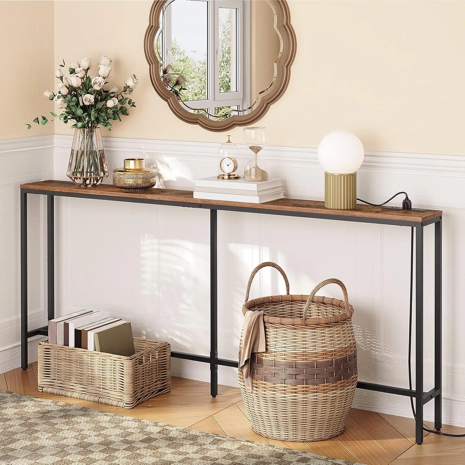 Console Table with Power Outlet, 70.9" Narrow Sofa Table, Industrial Entryway Table with USB Ports, Behind Couch for Entryway, Hallway, Foyer, Living Room, Rustic Brown CTHR18E01Z1
