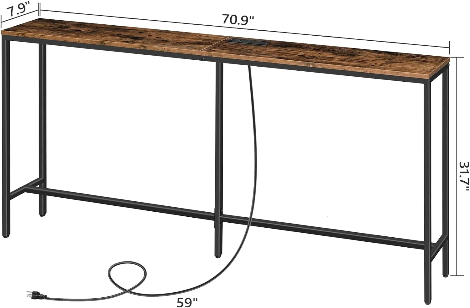 Console Table with Power Outlet, 70.9" Narrow Sofa Table, Industrial Entryway Table with USB Ports, Behind Couch for Entryway, Hallway, Foyer, Living Room, Rustic Brown CTHR18E01Z1